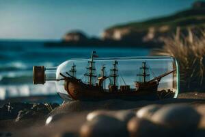 ship in a bottle on the beach. AI-Generated photo