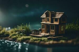 un miniatura casa en un pequeño isla en el medio de el agua. generado por ai foto