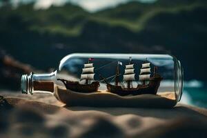 ship in a bottle on the beach. AI-Generated photo