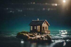 un minúsculo casa en un rock en el océano. generado por ai foto