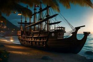 a pirate ship on the beach at sunset. AI-Generated photo