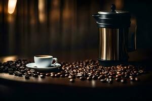 coffee beans and a coffee pot on a table. AI-Generated photo