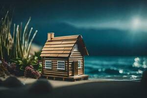 a small wooden house on the beach at night. AI-Generated photo