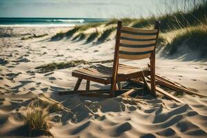 a chair sits on the sand near the ocean. AI-Generated photo