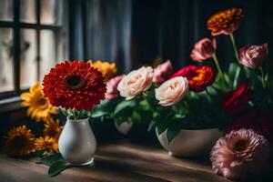 flores en floreros en un mesa cerca un ventana. generado por ai foto