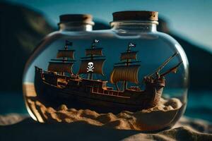 a ship in a bottle with a skull and crossbones on it. AI-Generated photo