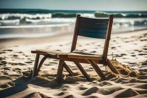 a wooden chair sits on the sand at the beach. AI-Generated photo