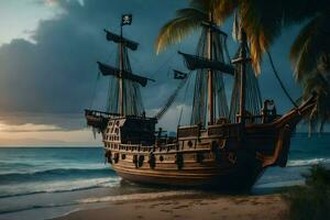 a pirate ship on the beach at sunset. AI-Generated photo