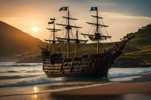 a pirate ship on the beach at sunset. AI-Generated photo