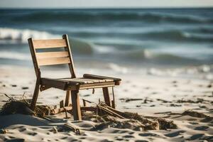 un de madera silla se sienta en el playa cerca el océano. generado por ai foto