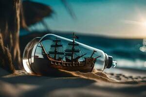 a ship in a bottle on the beach. AI-Generated photo