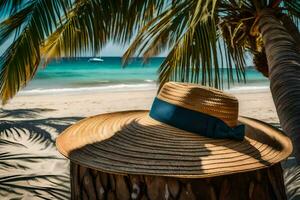 a hat sits on a palm tree on a beach. AI-Generated photo