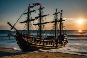 un pirata Embarcacion en el playa a puesta de sol. generado por ai foto