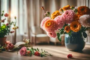 flowers in a vase on a table. AI-Generated photo