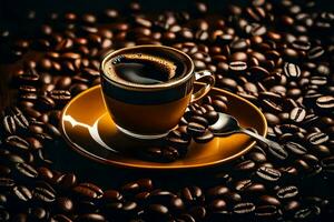 a cup of coffee on a wooden table with beans. AI-Generated photo