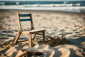 a chair sits on the sand near the ocean. AI-Generated photo