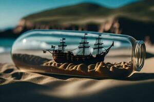 a ship in a bottle on the beach. AI-Generated photo