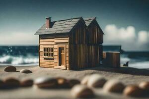 un miniatura de madera casa en el playa. generado por ai foto