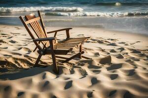 a wooden chair sits on the sand near the ocean. AI-Generated photo