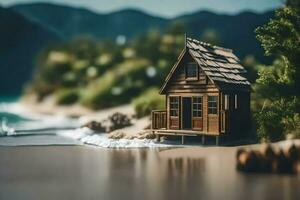 a miniature wooden house on the beach near the ocean. AI-Generated photo