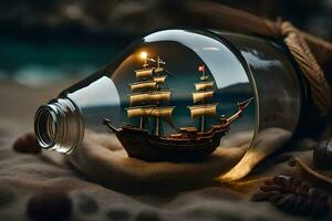 a ship in a bottle on a beach. AI-Generated photo