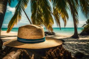 un Paja sombrero se sienta en el playa cerca palma arboles generado por ai foto