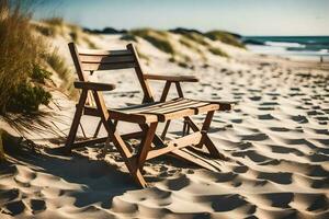 a wooden chair sits on the beach near the ocean. AI-Generated photo