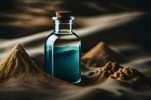 a bottle of sand in the desert. AI-Generated photo