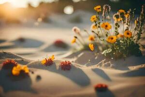 photo wallpaper the sun, flowers, sand, flowers, the desert, flowers, flowers, the. AI-Generated