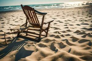 un de madera silla se sienta en el playa a puesta de sol. generado por ai foto