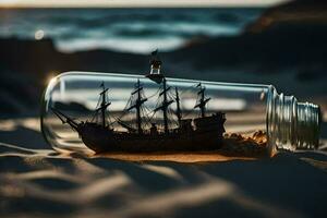 a ship in a bottle on the beach. AI-Generated photo