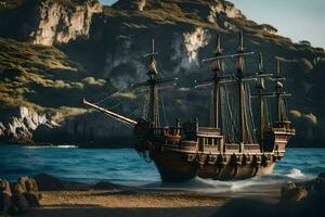 a wooden ship on the beach near rocks. AI-Generated photo