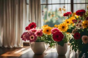 colorful flowers in vases on a table near a window. AI-Generated photo