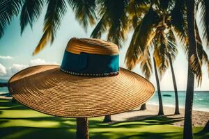 un sombrero en un palo en frente de palma arboles generado por ai foto