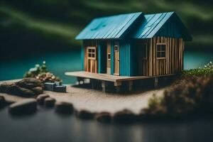 un miniatura casa en un pequeño isla. generado por ai foto