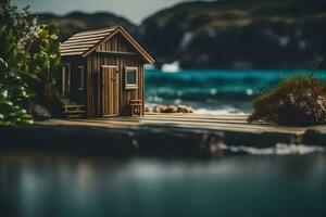 a miniature house on a dock near the ocean. AI-Generated photo