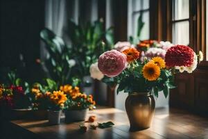 flowers in vases on a table near a window. AI-Generated photo