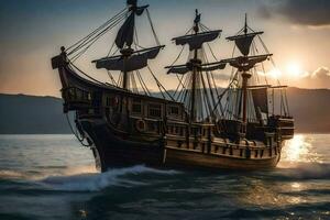 a pirate ship sailing in the ocean at sunset. AI-Generated photo