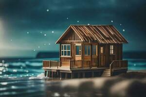 a miniature house on the beach at night. AI-Generated photo