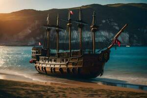 a pirate ship on the beach at sunset. AI-Generated photo