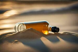un botella de whisky en el playa. generado por ai foto