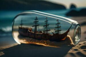 a ship in a bottle on the beach. AI-Generated photo