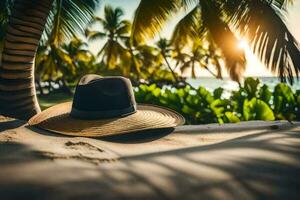 a hat sits on the sand near palm trees. AI-Generated photo