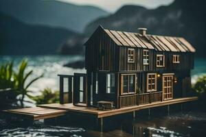 a miniature house on a dock by the ocean. AI-Generated photo