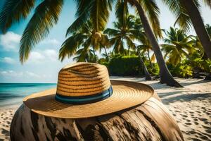 a straw hat sits on a coconut tree on a tropical beach. AI-Generated photo