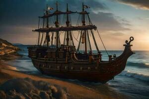 a pirate ship on the beach at sunset. AI-Generated photo
