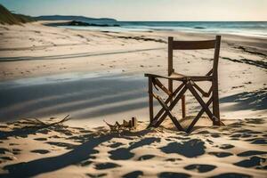 a chair sits on the beach in front of the ocean. AI-Generated photo