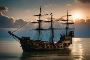 a pirate ship in the ocean at sunset. AI-Generated photo