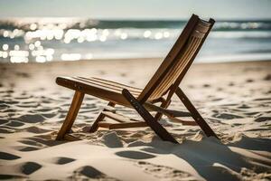 a wooden chair sits on the beach at sunset. AI-Generated photo