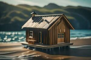 a small wooden house on the beach. AI-Generated photo